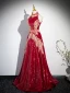 Charming Burgundy Beading Rhinestone Sequins Prom Dresses 2024 A-Line / Princess High Neck Sleeveless Backless Floor-Length / Long Prom Formal Dresses