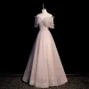 Sparkly Charming Dusky Pink Beading Rhinestone Sequins Prom Dresses 2022 A-Line / Princess Off-The-Shoulder Short Sleeve Backless Floor-Length / Long Prom Formal Dresses