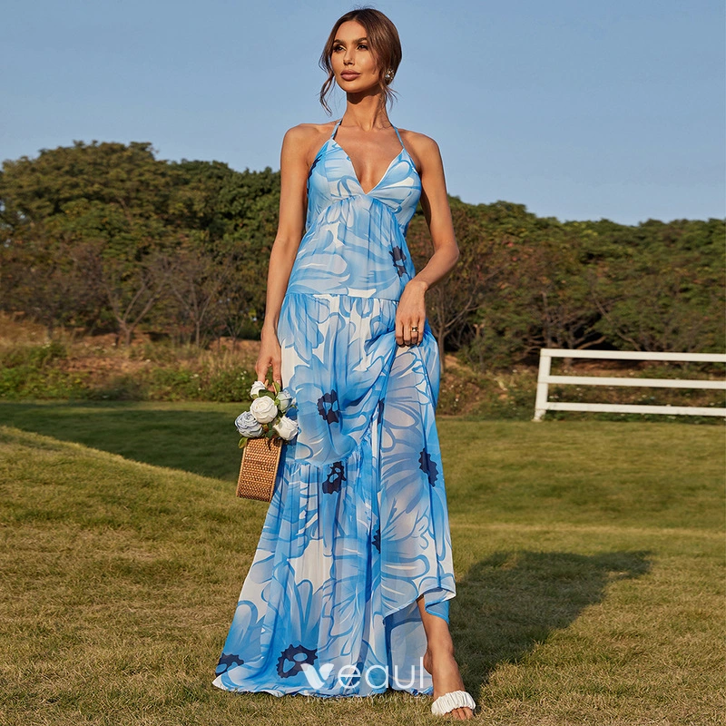 Chic / Beautiful Pool Blue Printing Beach Maxi Dresses 2022 A-Line /  Princess Halter Sleeveless Backless Floor-Length / Long Women Dresses