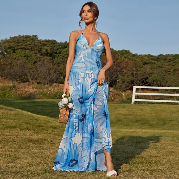 Chic / Beautiful Pool Blue Printing Beach Maxi Dresses 2022 A-Line / Princess Halter Sleeveless Backless Floor-Length / Long Women Dresses