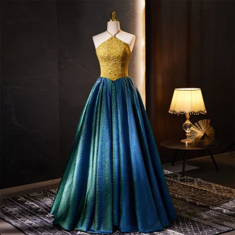 Vintage Originale Vert Bleuâtre Glitter Princesse Robe De Bal 2023 Titulaire Sans Manches Dos Nu Longue Robe De Ceremonie