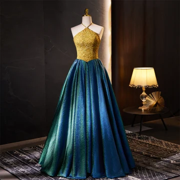 Vintage Retro Bluish Green Glitter A Line Princess Prom Dresses 2023 Halter Sleeveless Backless Floor Length Long Formal Dresses