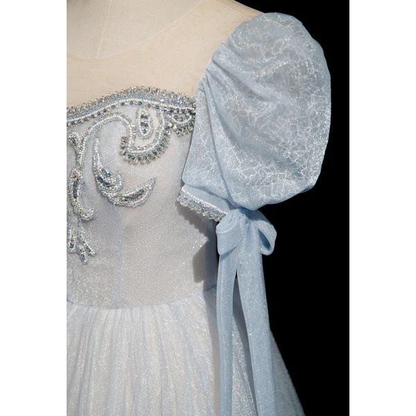 Chic / Belle Bleu Ciel Perlage Faux Diamant Paillettes Robe De Bal 2023 Princesse Encolure Carrée Manches Courtes Dos Nu Longue Robe De Ceremonie