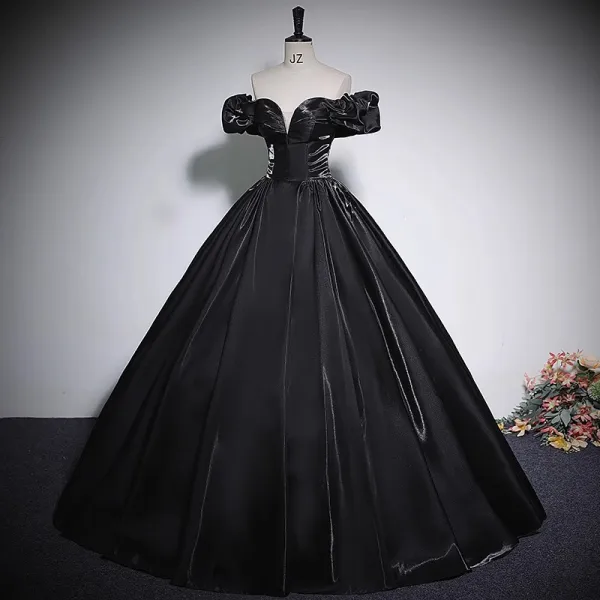 Elegant Black Satin Prom Dresses 2023 Ball Gown Off-The-Shoulder Short  Sleeve Backless Floor-Length /