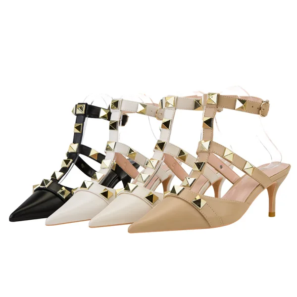 Sexy Noire Soirée Rivet Sandales Femme 2022 T-Strap 6 cm Talons Aiguilles À Bout Pointu Sandales Talons Hauts