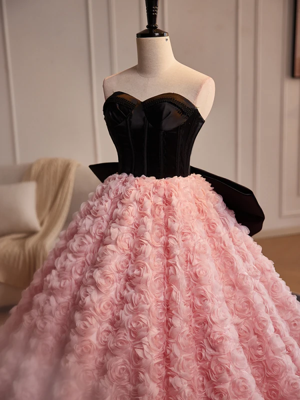 Lovely Blushing Pink Flower Prom Dresses 2024 Ball Gown Strapless Sleeveless Backless Bow Court Train Prom Formal Dresses