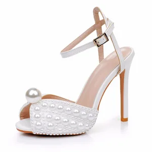 Élégant Blanche Perle Chaussure De Mariée 2024 Bride Cheville 11 Cm Talons Aiguilles Peep Toes Bout Ouvert Mariage Sandales Talons Hauts