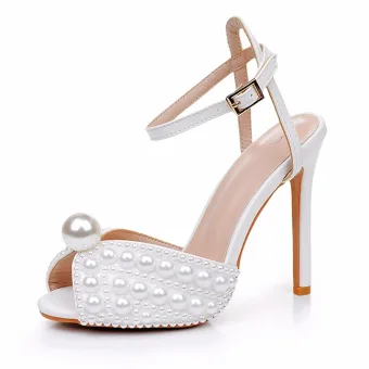 Élégant Blanche Perle Chaussure De Mariée 2024 Bride Cheville 11 Cm Talons Aiguilles Peep Toes Bout Ouvert Mariage Sandales Talons Hauts