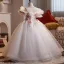 Fancy White Sequins Lace Flower Birthday Flower Girl Dresses 2025 Ball Gown Off-The-Shoulder Short Sleeve Backless Floor-Length / Long Tulle