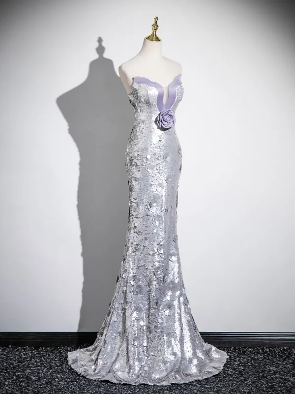Sexy Scintillantes Argenté Paillettes Appliques Robe De Soirée 2025 Trompette / Sirène Bustier Sans Manches Dos Nu Longue Soirée Robe De Ceremonie