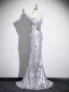 Sexy Scintillantes Argenté Paillettes Appliques Robe De Soirée 2025 Trompette / Sirène Bustier Sans Manches Dos Nu Longue Soirée Robe De Ceremonie