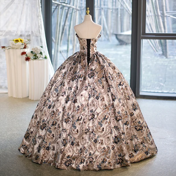 Vintage Champagner Blumen Ballkleider Ballkleid 2023 Bandeau Ärmellos Rückenfreies Lange Ball Festliche Kleider