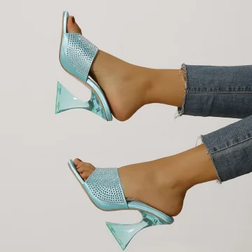 Chic Beautiful Pool Blue Street Wear Summer Womens Sandals 2022 9 Cm Stiletto Heels Crystal Open Peep Toe Sandals High Heels