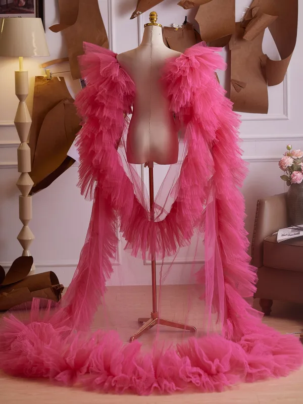 Mode Fushia Volants en Cascade Fait main Soirée Manches Courtes châle 2025 Tulle