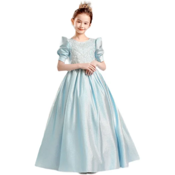 Chic / Belle Bleu Ciel Satin Anniversaire Robe Ceremonie Fille Princesse 2022 Encolure Dégagée Perlage Paillettes Faux Diamant Noeud Manches Courtes Longue Robe Ceremonie Fille