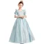 Chic / Belle Bleu Ciel Satin Anniversaire Robe Ceremonie Fille Princesse 2022 Encolure Dégagée Perlage Paillettes Faux Diamant Noeud Manches Courtes Longue Robe Ceremonie Fille