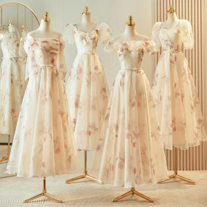 Simple Champagne Impression Robe Demoiselle D Honneur 2023 Princesse Manches Courtes Dos Nu Thé Longueur Demoiselle D Honneur Robe Pour Mariage