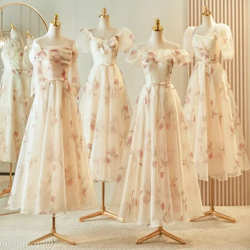 Modest Simple Champagne Printing Bridesmaid Dresses 2023 A Line Princess Short Sleeve Backless Tea Length Bridesmaid Wedding Party Dresses