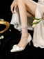 Chic / Beautiful White Leather Pearl Bow Lace Wedding Shoes 2024 7 cm Stiletto Heels Pointed Toe Wedding High Heels