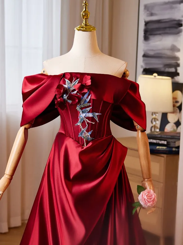Élégant Bordeaux Paillettes En Dentelle Fleur Satin Robe De Bal 2024 Princesse De l'épaule Manches Courtes Dos Nu Train De Balayage Promo Robe De Ceremonie