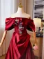 Élégant Bordeaux Paillettes En Dentelle Fleur Satin Robe De Bal 2024 Princesse De l'épaule Manches Courtes Dos Nu Train De Balayage Promo Robe De Ceremonie