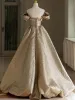 Flower Fairy 3D Lace Flower Gold Prom Dresses 2024 A-Line / Princess Crossed Straps Floor-Length / Long Sweetheart Sleeveless Formal Dresses
