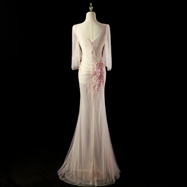 Charmant Rougissant Rose Perlage Perle Paillettes Robe De Soirée 2024 Trompette / Sirène Col v profond Manches Courtes Dos Nu Longue Soirée Robe De Ceremonie