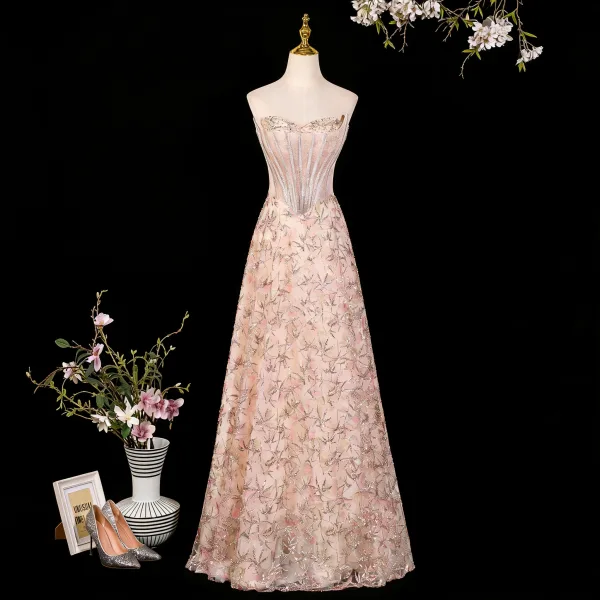 Schöne Rosa Spitze Blumen Abendkleider 2026 A Linie Bandeau Ärmellos Rückenfreies Lange Festliche Kleider