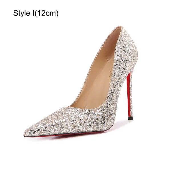 Sexy Silver Evening Party Sequins Pumps 2023 Leather 12 cm Stiletto ...