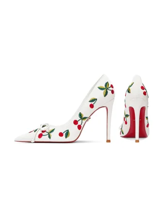 Chic Belle Blanche Cerise Brodé Promo Escarpins 2024 Noeud 10 Cm Talons Aiguilles À Bout Pointu Talons Hauts