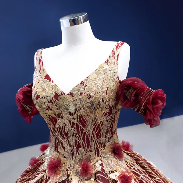 High-end Glitter Burgundy Sequins Appliques Prom Dresses 2022 Ball Gown V-Neck Short Sleeve Backless Court Train Formal Dresses