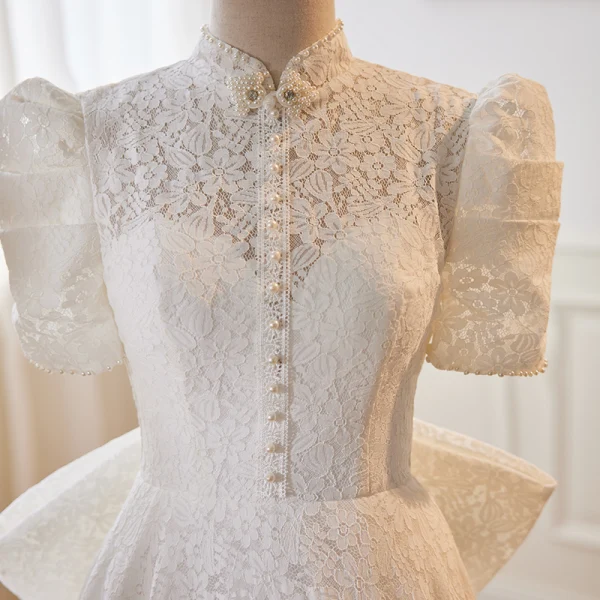 Elegant Chinese style White Pearl Lace Flower Wedding Dresses 2023 A-Line / Princess High Neck Puffy Short Sleeve Backless Bow Sweep Train Wedding