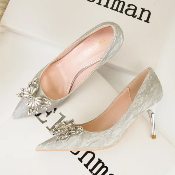 Charming Champagne Rhinestone Butterfly Evening Party Pumps High Heels 2022 7 cm Stiletto Heels Pointed Toe Pumps