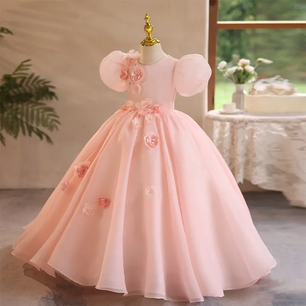 Elegant Blushing Pink Appliques Birthday Flower Girl Dresses 2024 Ball Gown Scoop Neck Puffy Short Sleeve Backless Floor-Length / Long Flower Girl Dresses