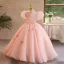 Elegant Blushing Pink Appliques Birthday Flower Girl Dresses 2024 Ball Gown Scoop Neck Puffy Short Sleeve Backless Floor-Length / Long Flower Girl Dresses