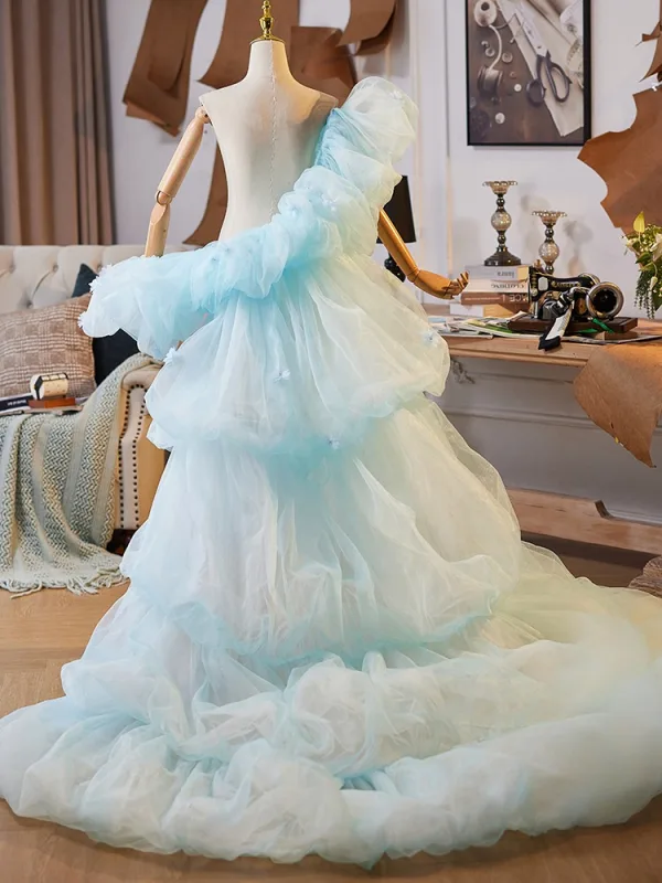 Amazing / Unique Sky Blue Cascading Ruffles Puffy Short Sleeve Shawls 2025 Prom