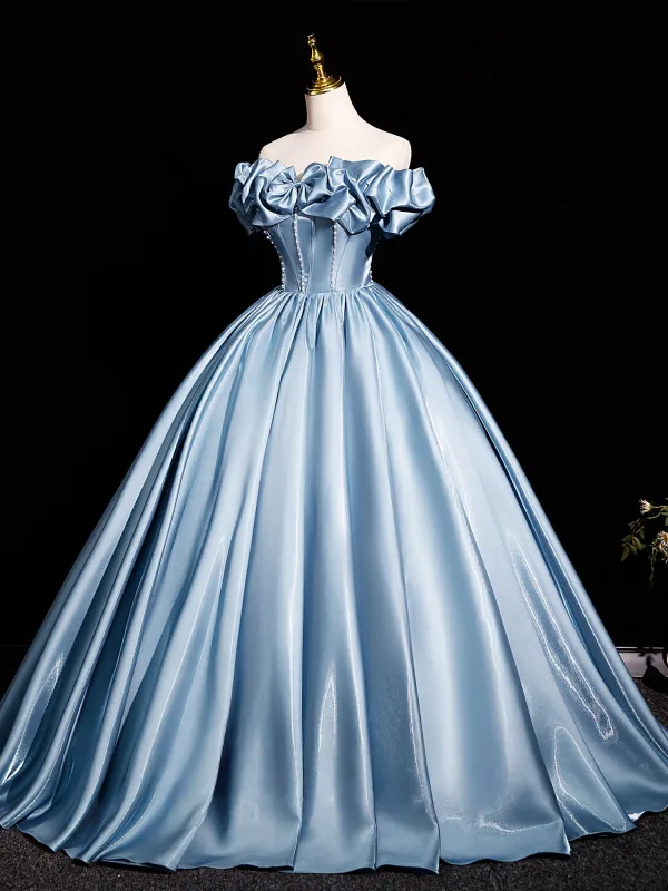 Elegant Mint Green Satin Prom Dresses 2025 Ball Gown Off-The-Shoulder Short Sleeve Backless Floor-Length / Long Prom Formal Dresses