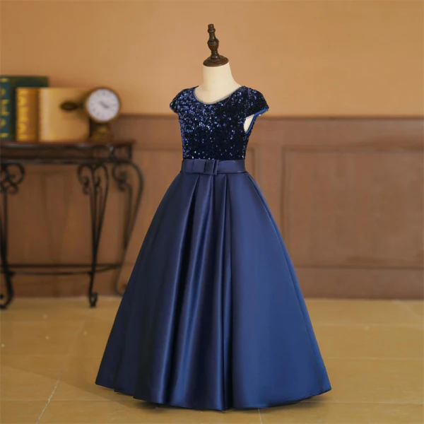 Vintage / Retro Navy Blue Sequins Birthday Flower Girl Dresses 2024 A-Line / Princess V-Neck Sleeveless Bow Sash Floor-Length / Long