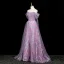 Chic / Beautiful Purple Multi-Colors Appliques Prom Dresses 2025 A-Line / Princess Off-The-Shoulder Short Sleeve Backless Floor-Length / Long Prom Formal Dresses