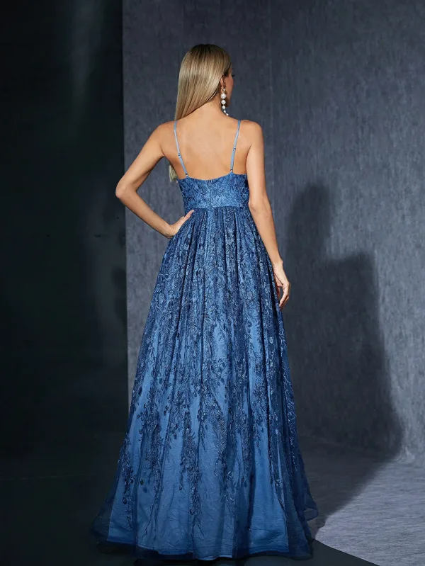 Fashion Ocean Blue Lace Flower Prom Dresses 2025 A-Line / Princess Spaghetti Straps Sleeveless Backless Floor-Length / Long Prom Formal Dresses