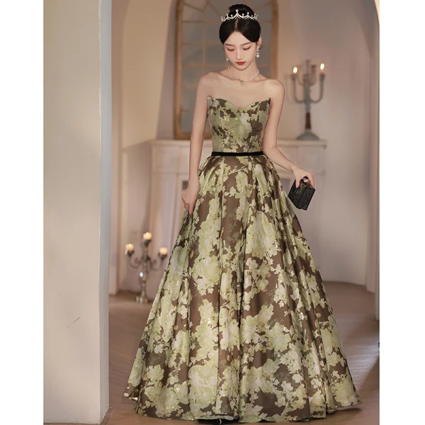 Vintage / Retro Army Green Printing Prom Dresses 2022 A-Line / Princess Strapless Sleeveless Backless Sash Floor-Length / Long Prom Formal Dresses