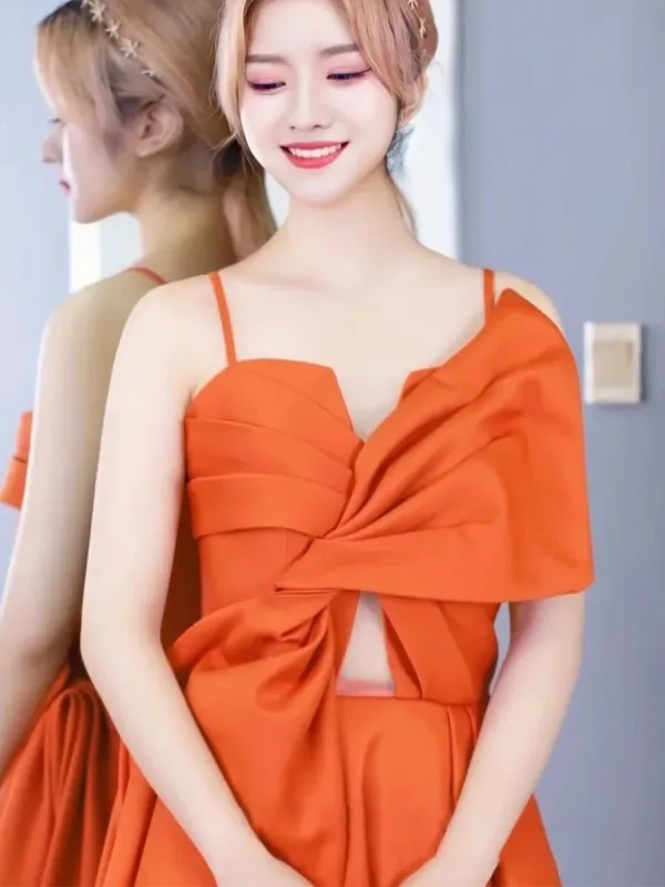Mode Orange Satin Robe De Bal 2023 Princesse Bretelles Spaghetti Noeud Sans Manches Dos Nu Longue Promo Robe De Ceremonie