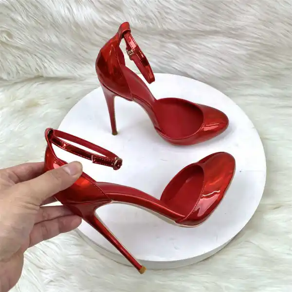 Sexy Burgundy Evening Party Patent Leather Womens Shoes 2024 Ankle Strap 12 cm Stiletto Heels Round Toe High Heels