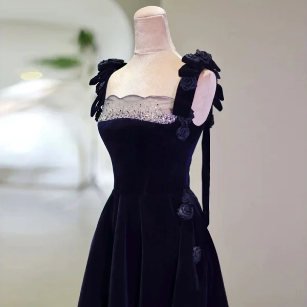 Vintage / Retro Navy Blue Suede Evening Dresses 2023 A-Line / Princess Spaghetti Straps Sleeveless Backless Floor-Length / Long Evening Party Formal Dresses
