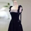 Vintage / Retro Navy Blue Suede Evening Dresses 2023 A-Line / Princess Spaghetti Straps Sleeveless Backless Floor-Length / Long Evening Party Formal Dresses