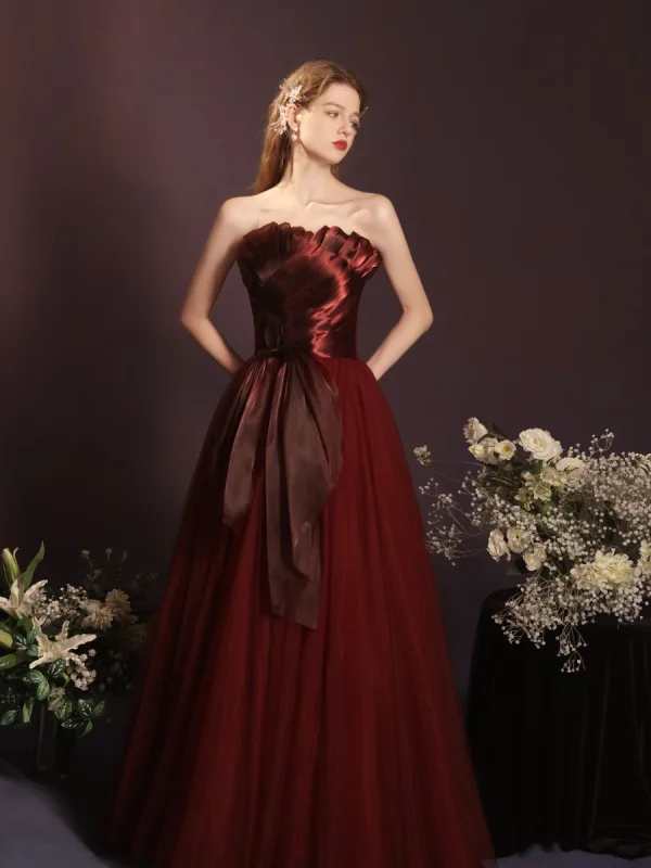 Charming Burgundy Bow Prom Dresses 2023 A-Line / Princess Strapless Sleeveless Backless Floor-Length / Long Prom Formal Dresses