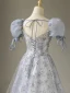 Chic / Beautiful Silver Grey Sequins Prom Dresses 2023 A-Line / Princess Square Neckline Puffy Short Sleeve Backless Bow Floor-Length / Long Prom Formal Dresses