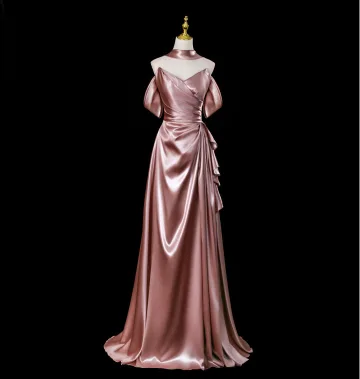 Sexy Rose Gold Satin Evening Dresses 2025 A Line Princess Strapless Sleeveless Backless Sweep Train Evening Party Formal Dresses