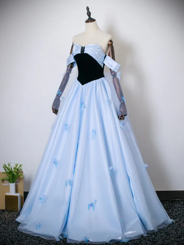 Schöne Himmelblau Schmetterling Ballkleider 2025 Ballkleid Off Shoulder Ärmellos Rückenfreies Schleife Lange Festliche Kleider