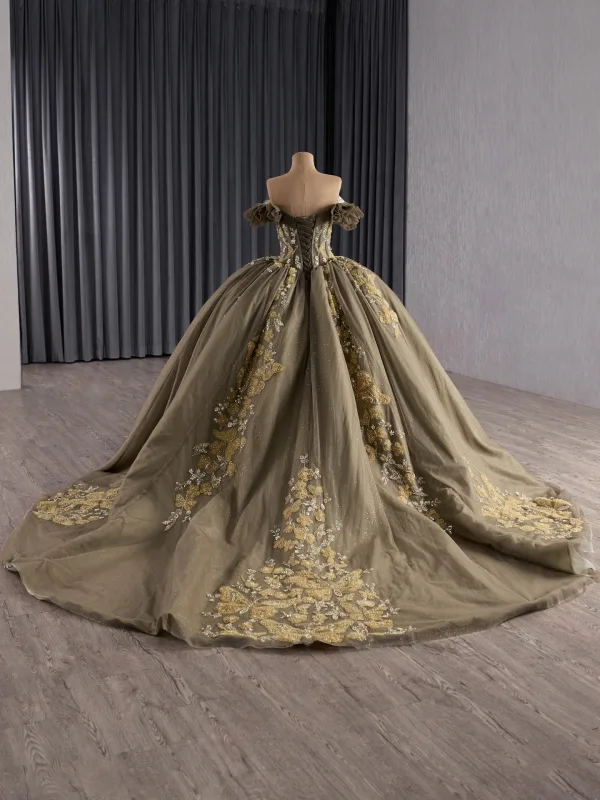 Vintage / Retro High-end Brown Beading Pearl Sequins Quinceañera Prom Dresses 2025 Ball Gown Off-The-Shoulder Short Sleeve Backless Chapel Train Formal Dresses